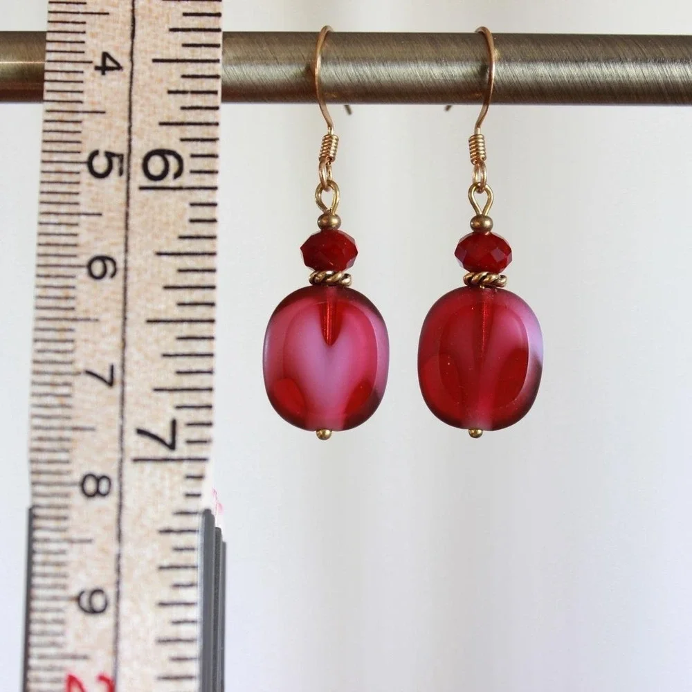 Handmade Ruby Red Czech Glass Dangle Drop Earrings Boho Cottagecore‎ Fairycore